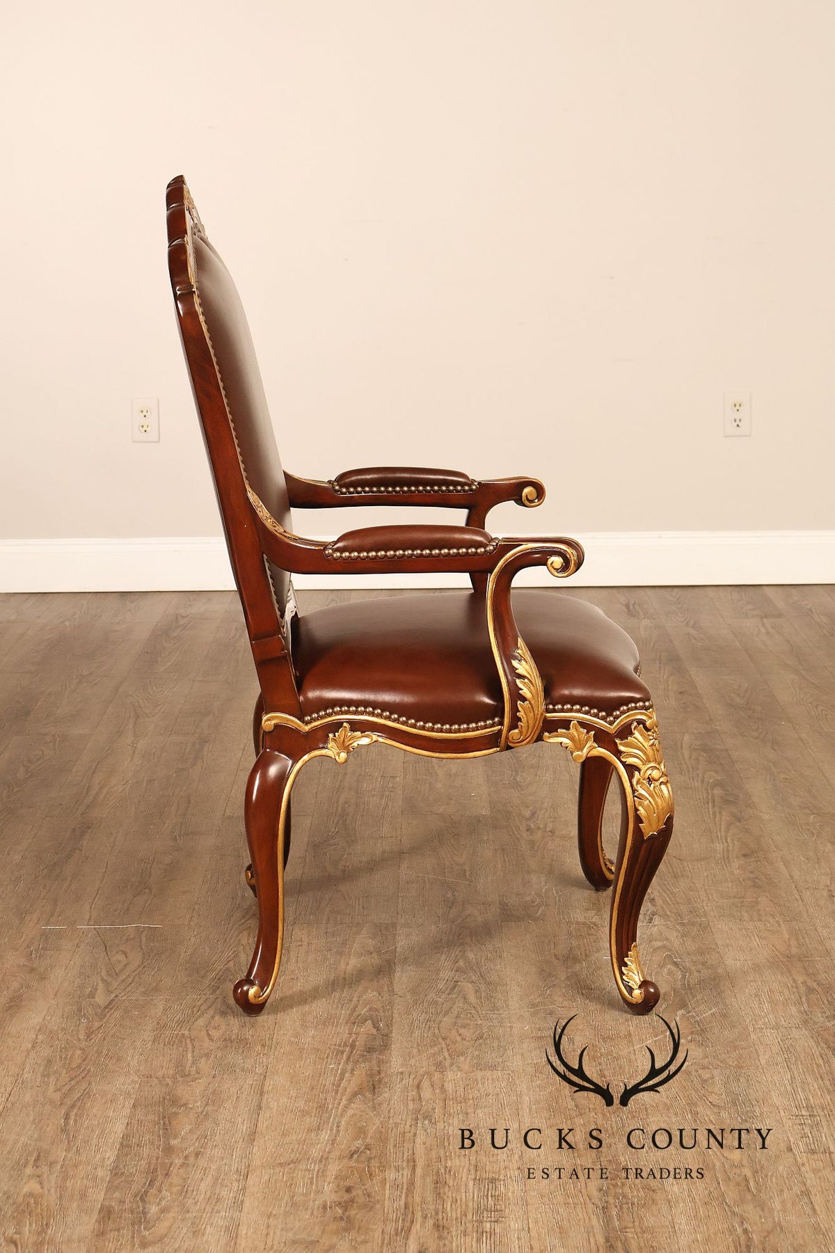 Scarborough House Pair Of French Rococo Style Gilt Mahogany Leather Upholstered Armchairs