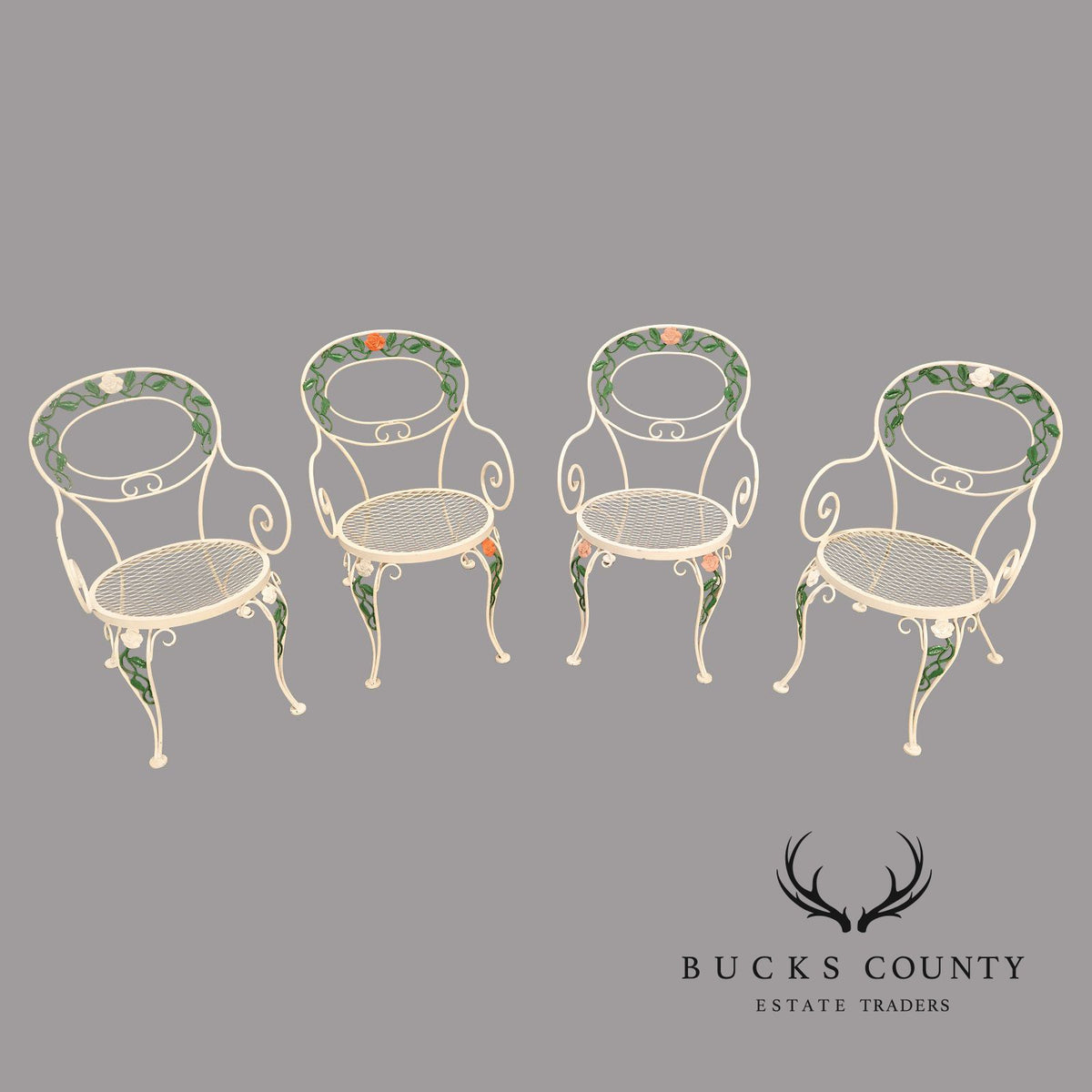 Woodard 'Chantilly Rose' Set of Four Wrought Iron Patio Dining Chairs