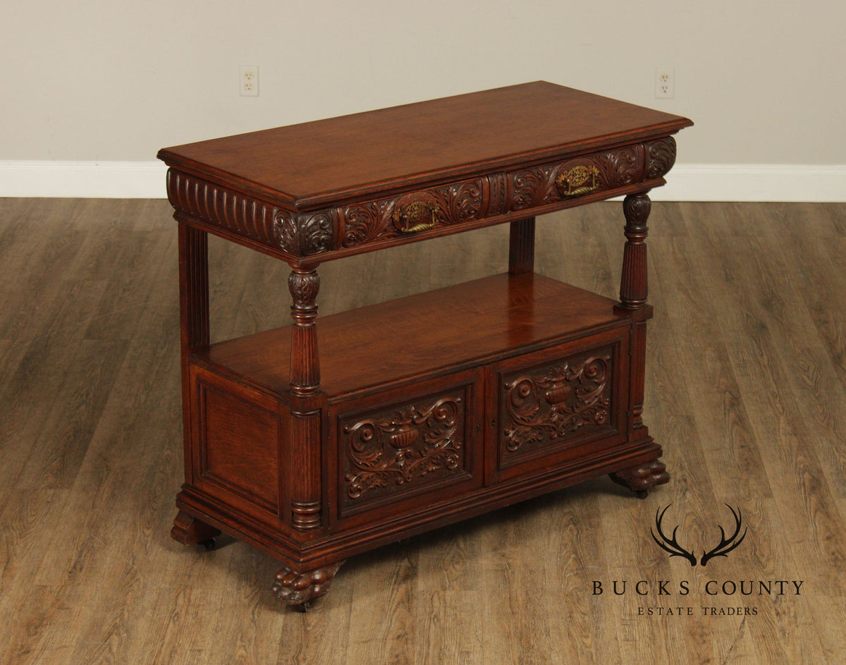 Antique Carved Oak Server Cabinet In The Manner Of R. J. Horner