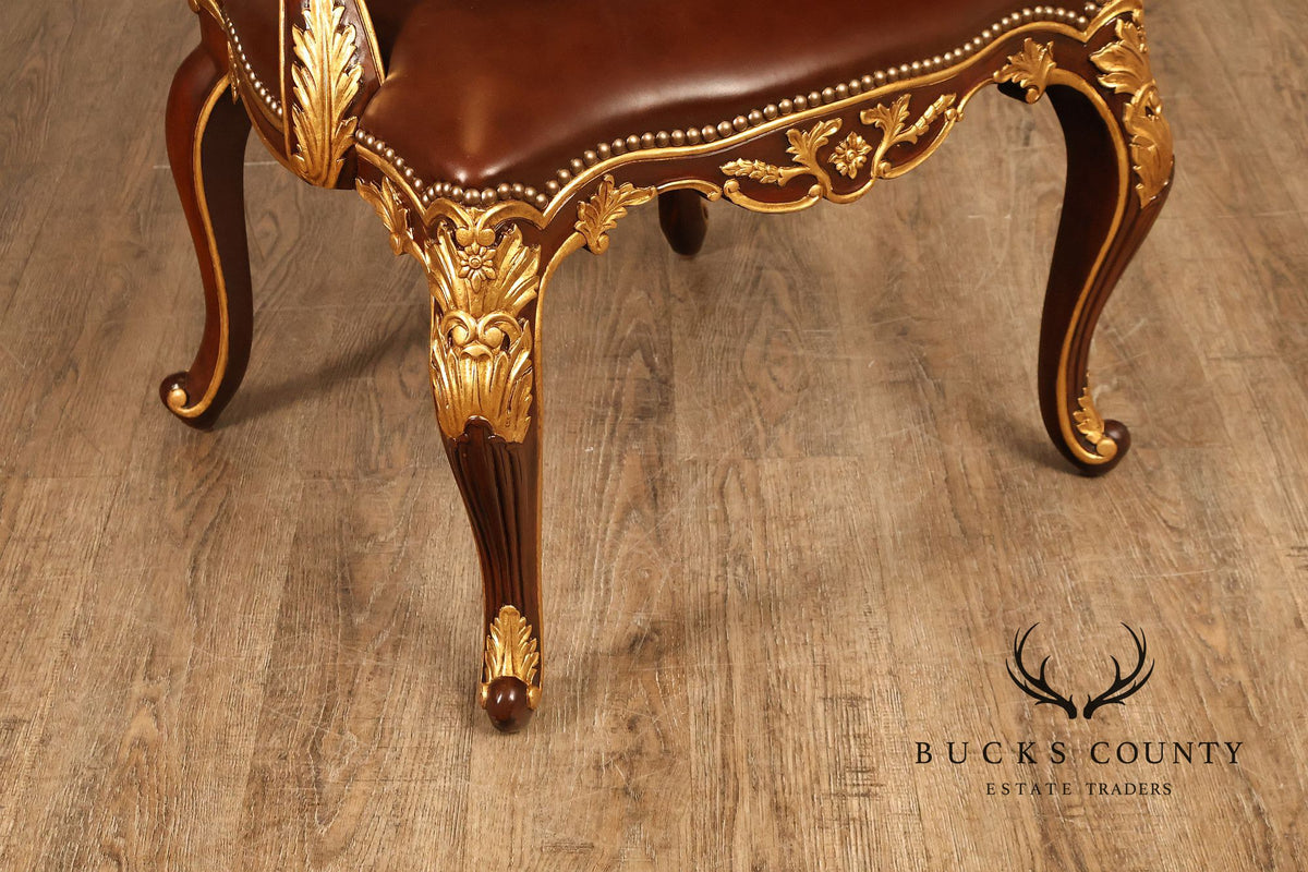 Scarborough House Pair Of French Rococo Style Gilt Mahogany Leather Upholstered Armchairs