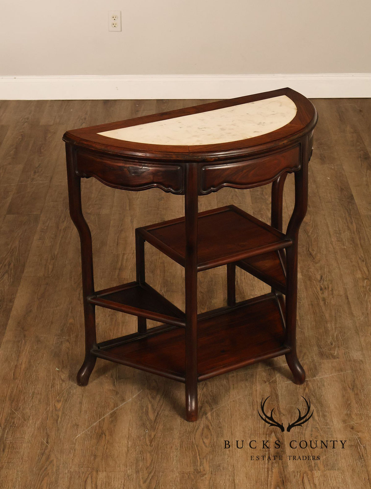 Asian Style Demilune Marble Top Side Table With Tiered Shelves