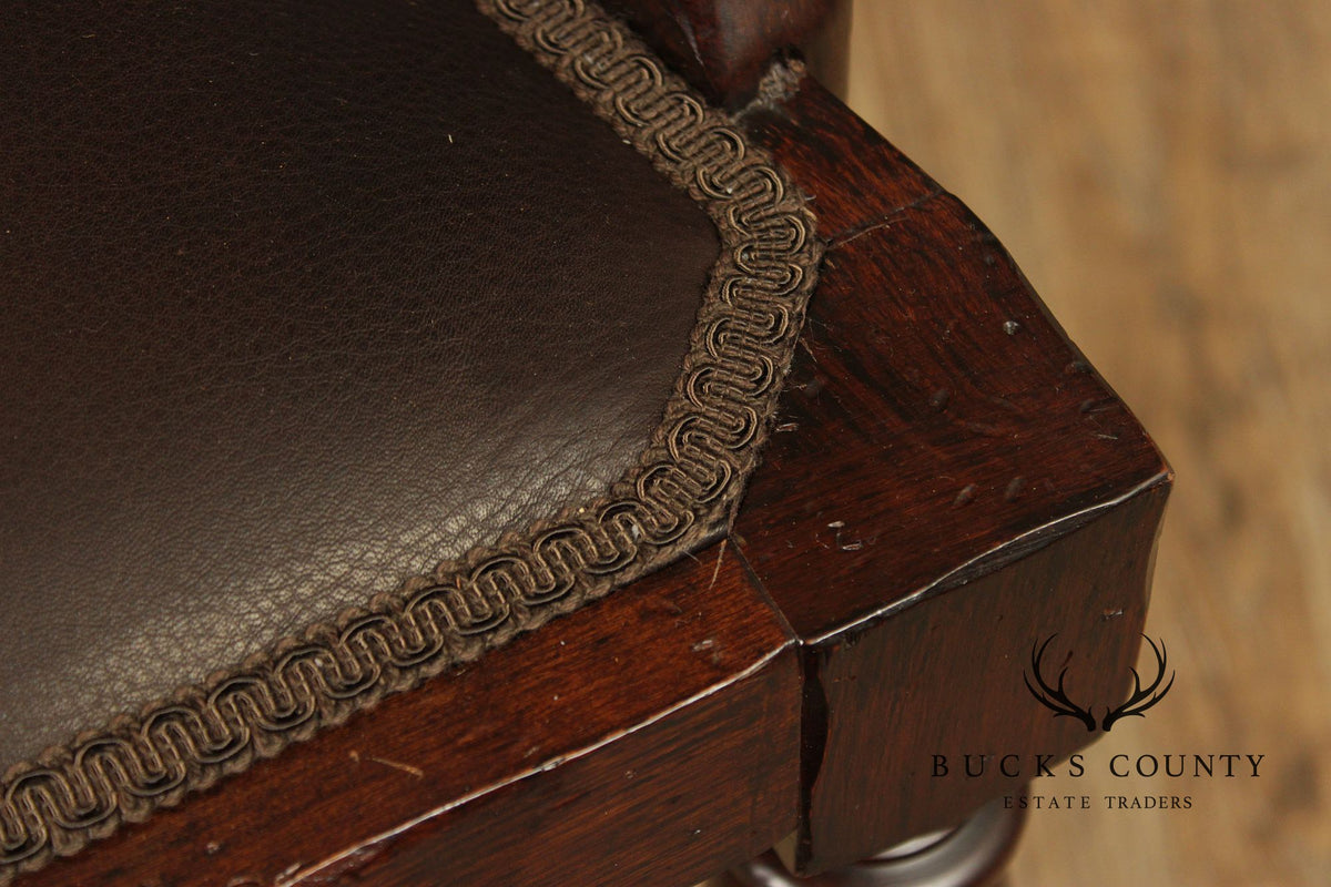 Vintage Anglo-Indian Style Pair of Caned Back Leather Seat Armchairs