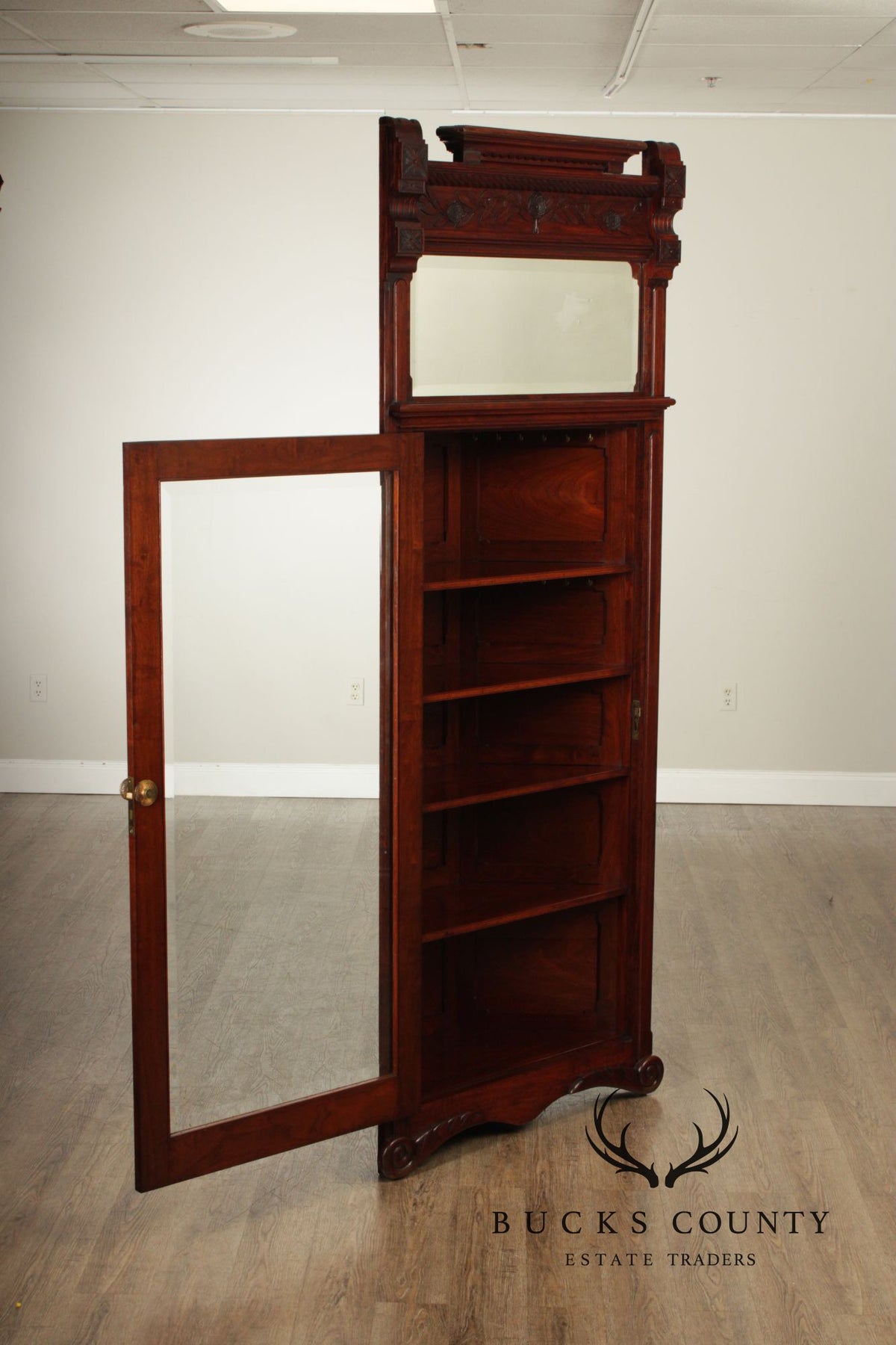 Antique Victorian Carved Walnut Corner Cabinet With Mirrored Transom