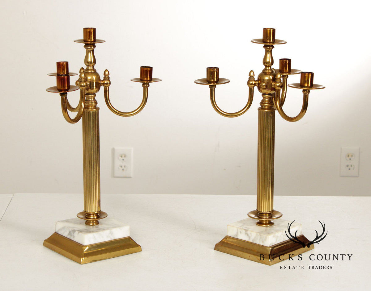 Classical Style Vintage Pair of Brass and Marble Candelabra