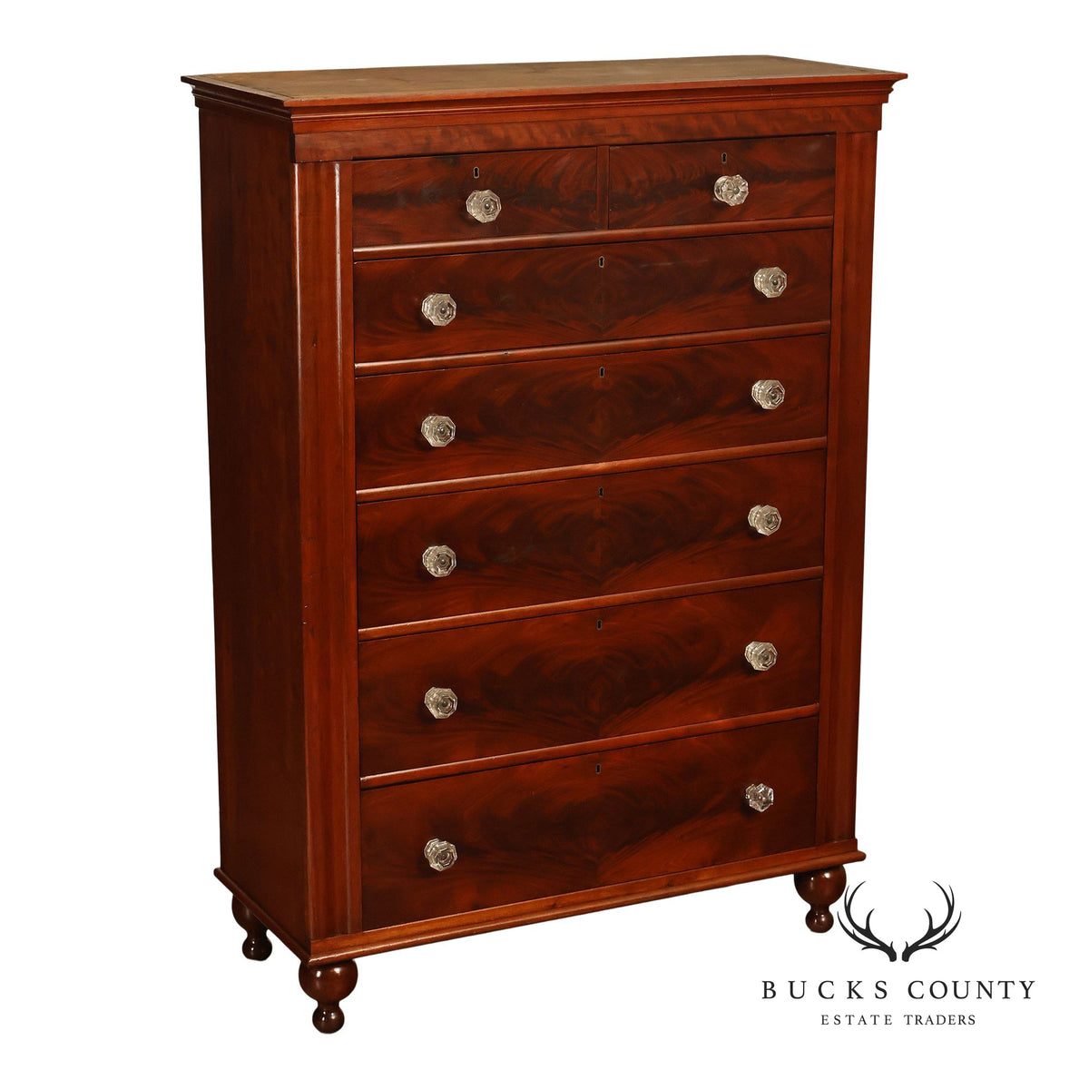 Antique American Classical Mahogany Tall Chest Of Drawers With Glass Knobs