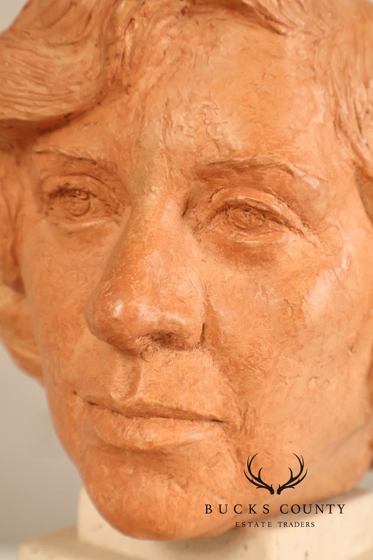 Contemporary Terracotta Female Portrait Bust Sculpture On Travertine Pedestal Base