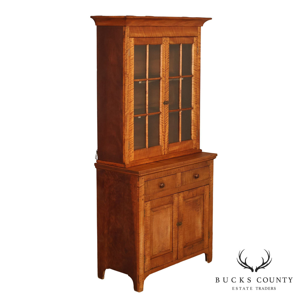 Bench Made Tiger Maple And Cherry Two Piece Stepback Hutch Cabinet