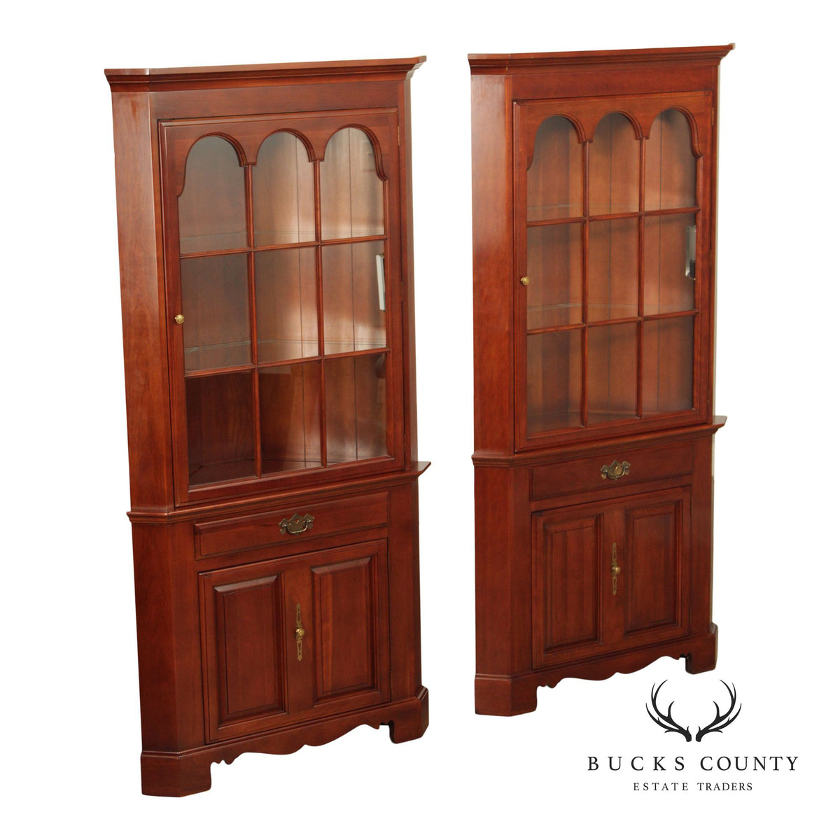 J.B. Van Sciver Traditional Pair Of Cherry Lighted Corner Cabinets