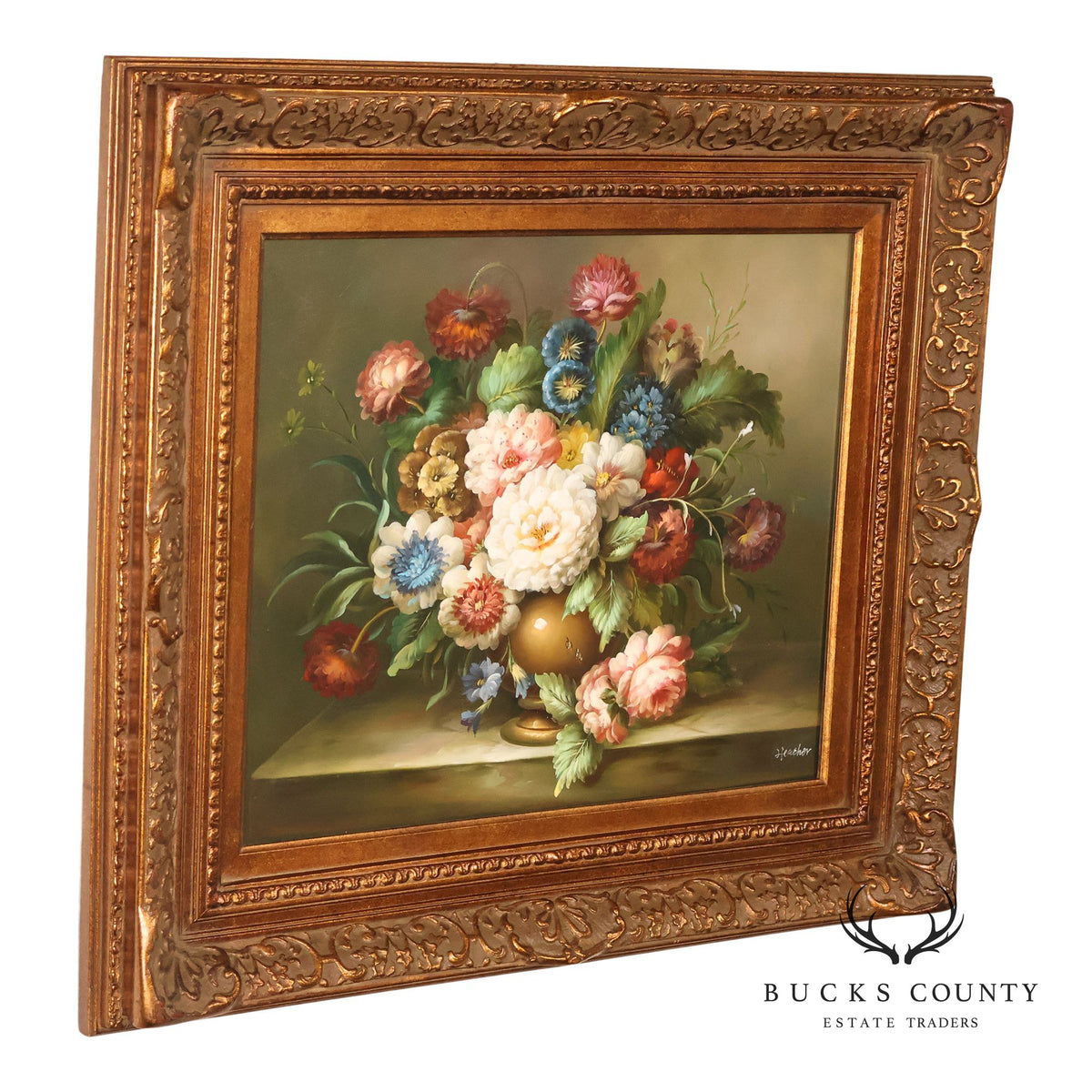 Oil Painting Botanical Still Life in Carved Wood Gold Leaf Frame Signed Heather
