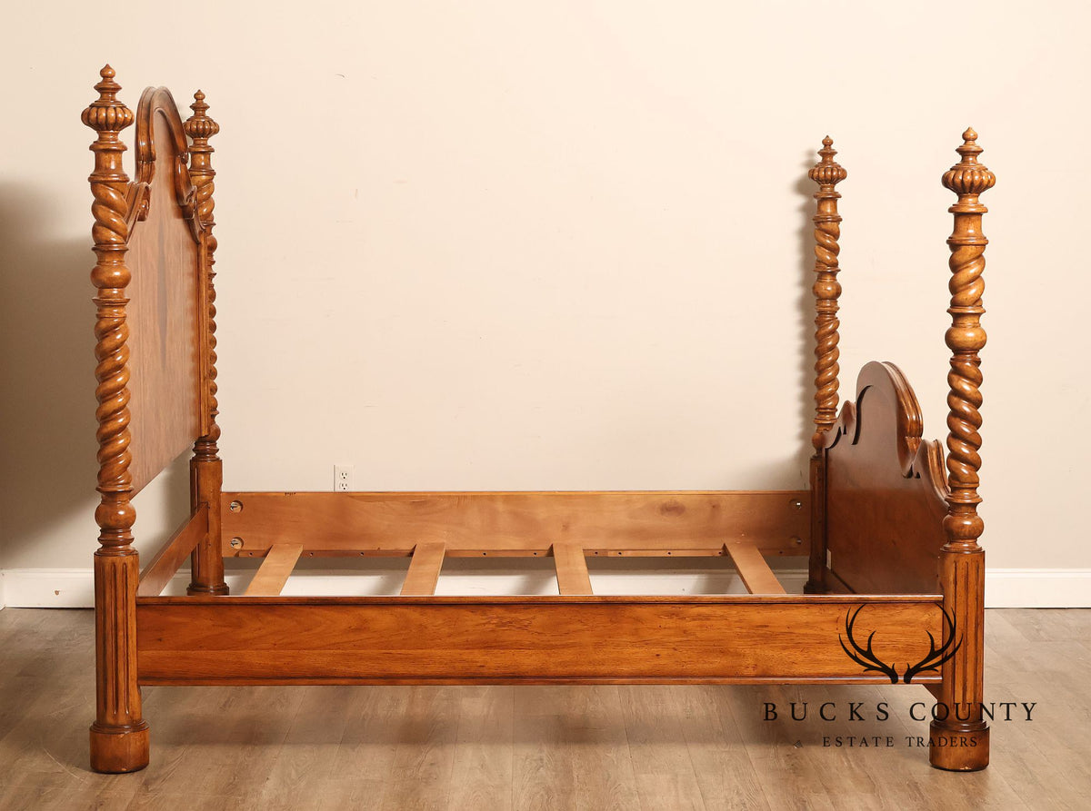 Drexel Heritage Venetian Collection Bookmatched Burl Wood King Four Poster Bed