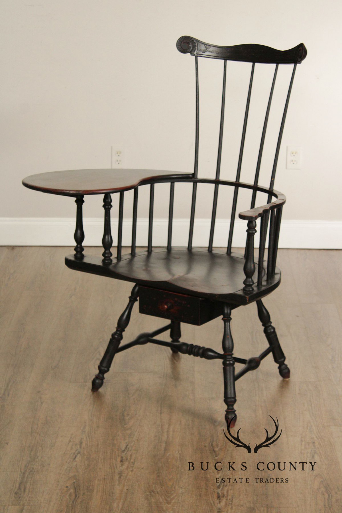 Quality Antique Reproduction Black Painted Writing Arm Windsor Chair