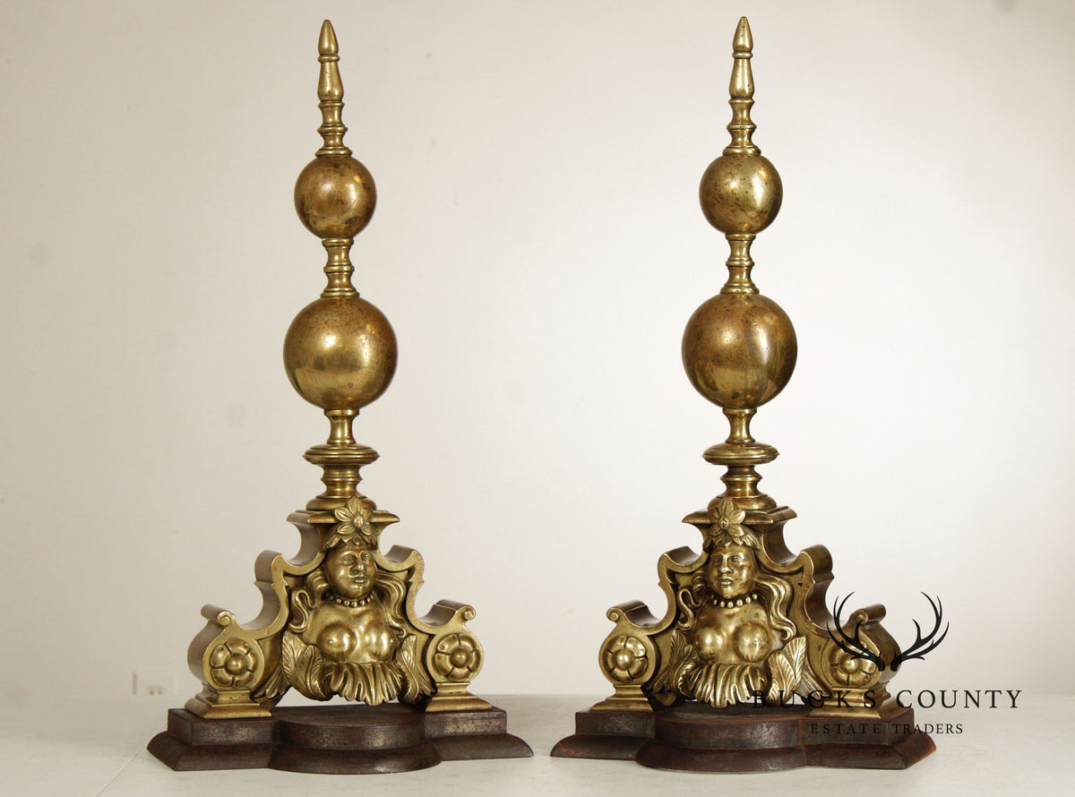 French Louis XIV Style Pair of Brass Figural 'Marmouset' Andirons