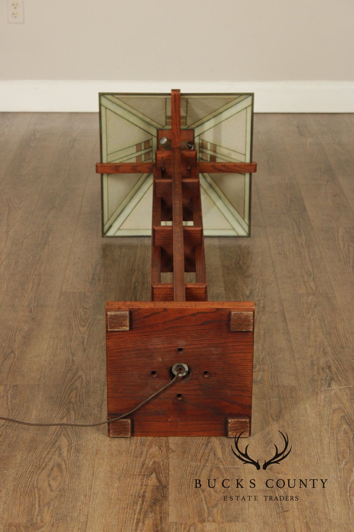 Pair Michael Adams – Aurora Studios Prairie School Oak & Stained Glass Floor Lamps