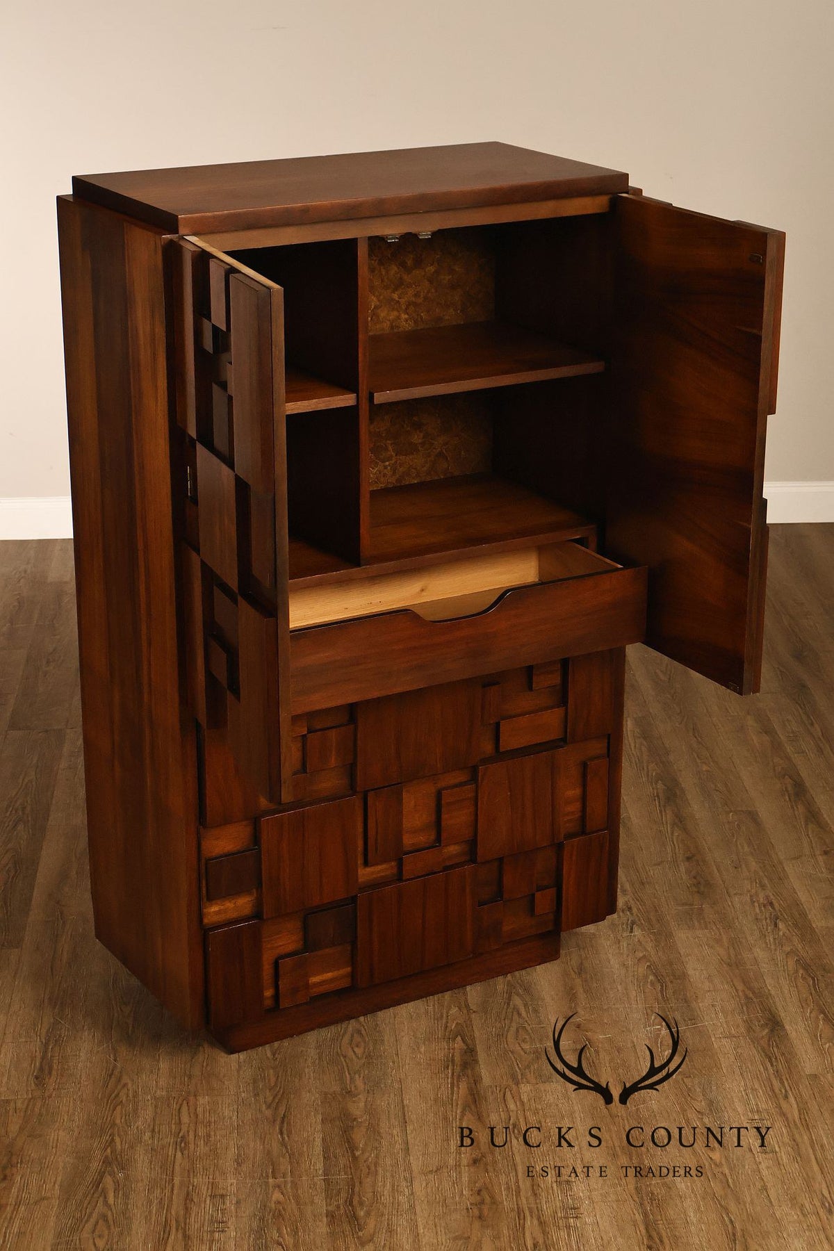 Vintage Lane Mid-Century Modern Brutalist Walnut Armoire