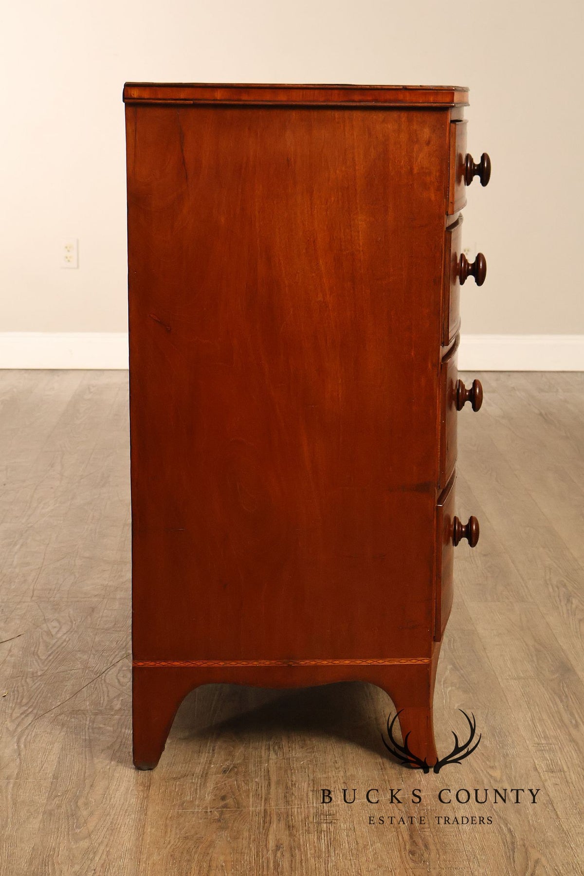 Antique English Sheraton Style Inlaid Bow Front Chest Of Drawers