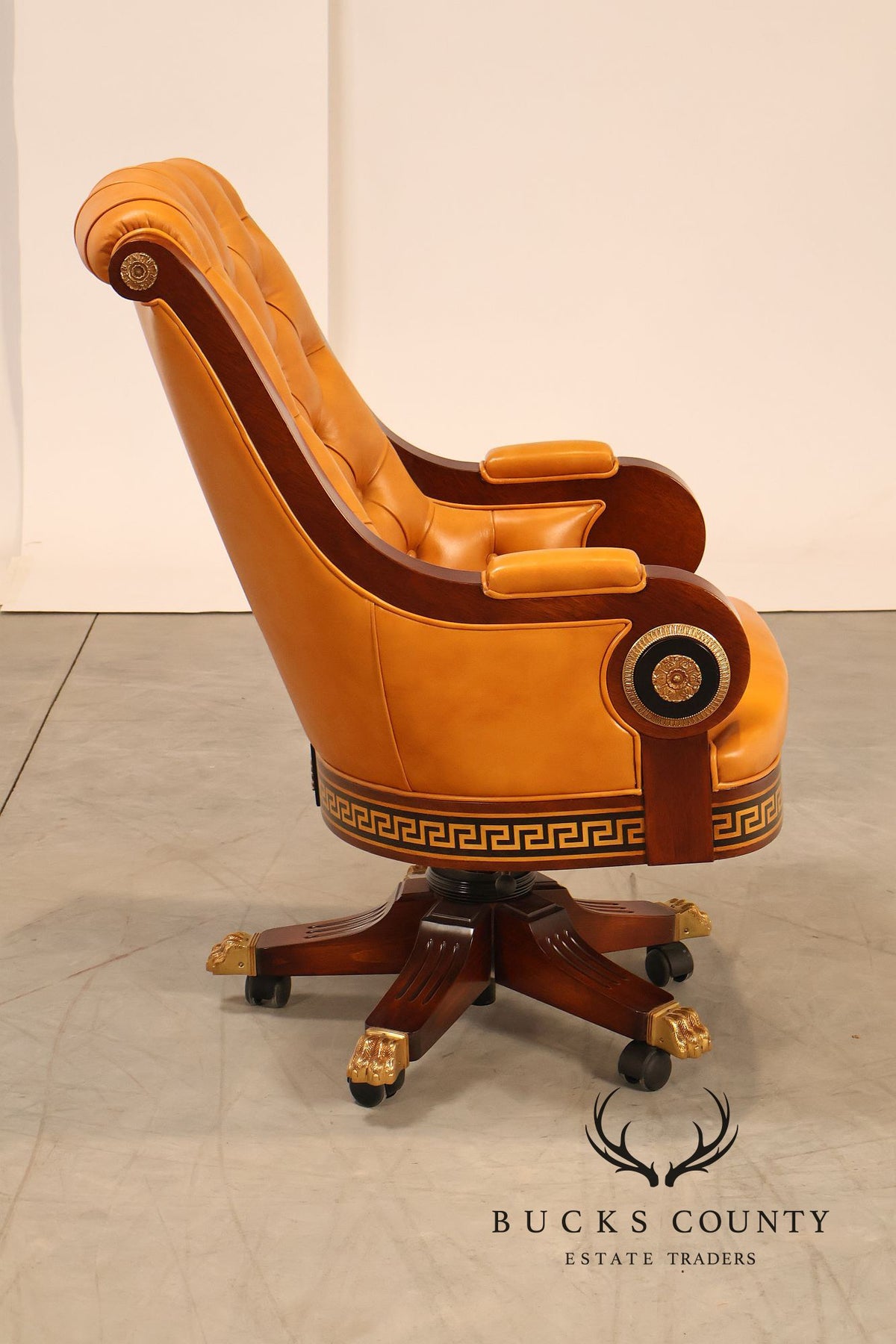 Mariner Leather Swivel Office Chair With Tufted Back And Carved Mahogany Base