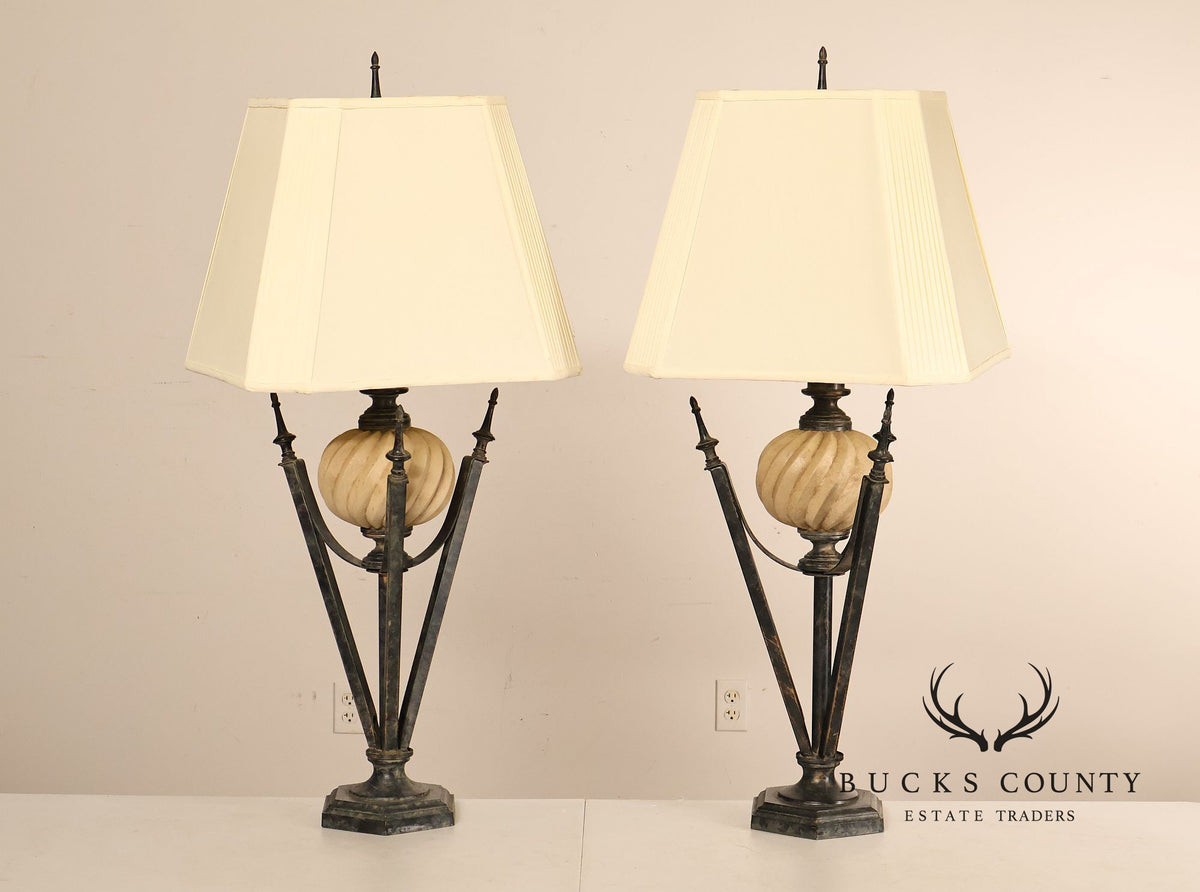 Neoclassical Style Pair Of Table Lamps With Carved Orb And Metal Base