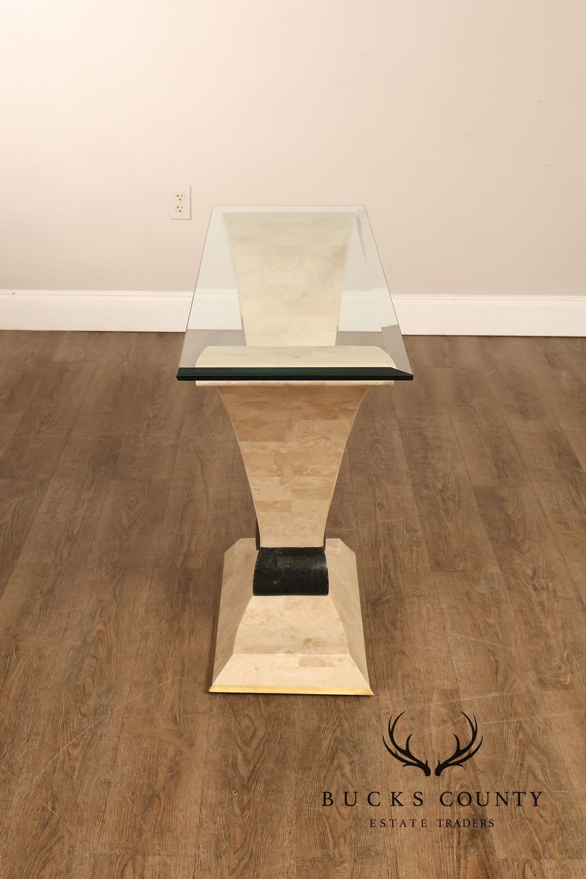 Postmodern Glass Top Travertine Console Table
