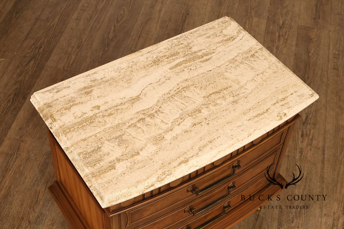 Pair Of Neoclassical Style Travertine Top Three Drawer Nightstands