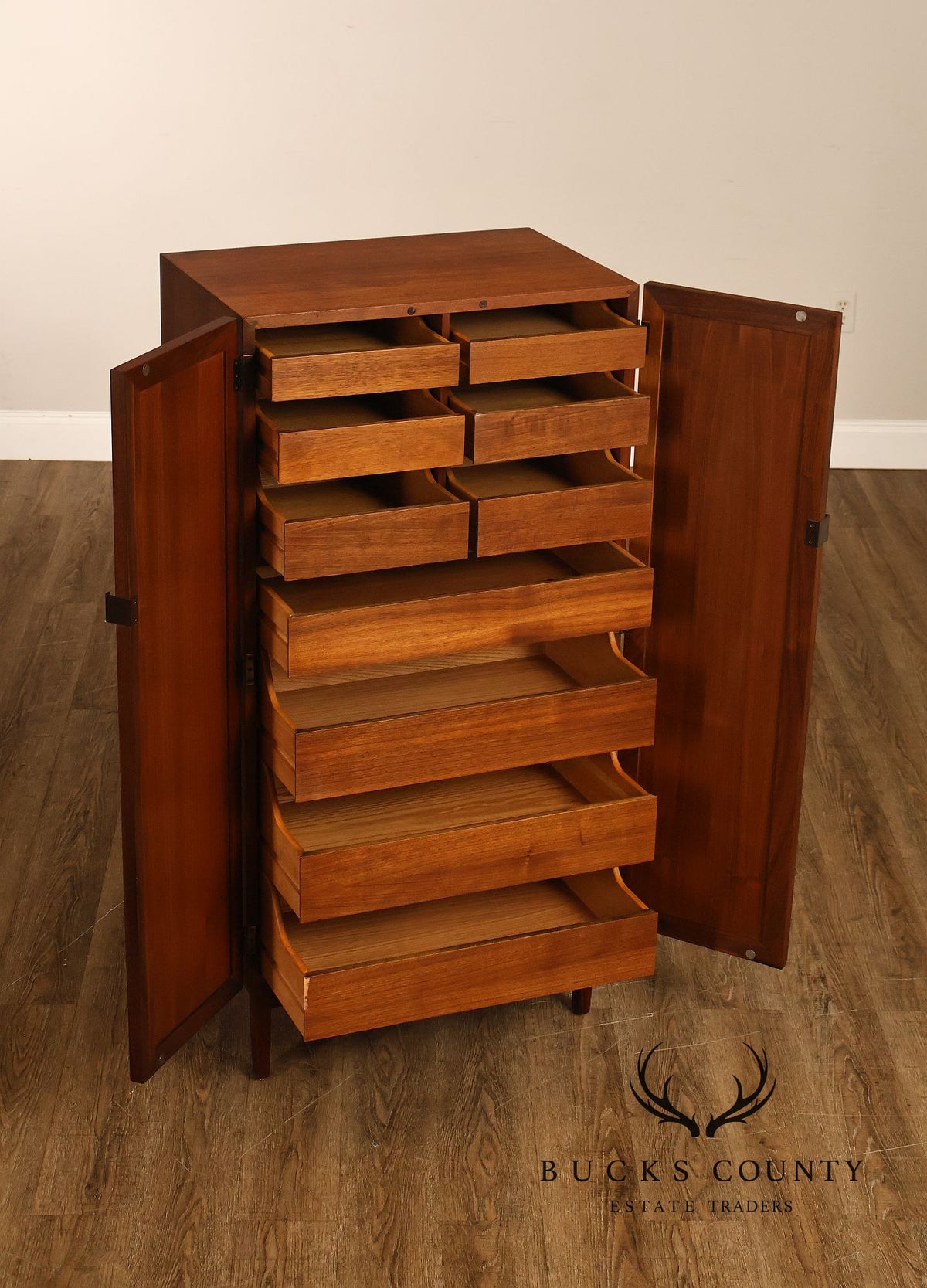 Mid-Century Modern Walnut Cane-Front Storage Cabinet
