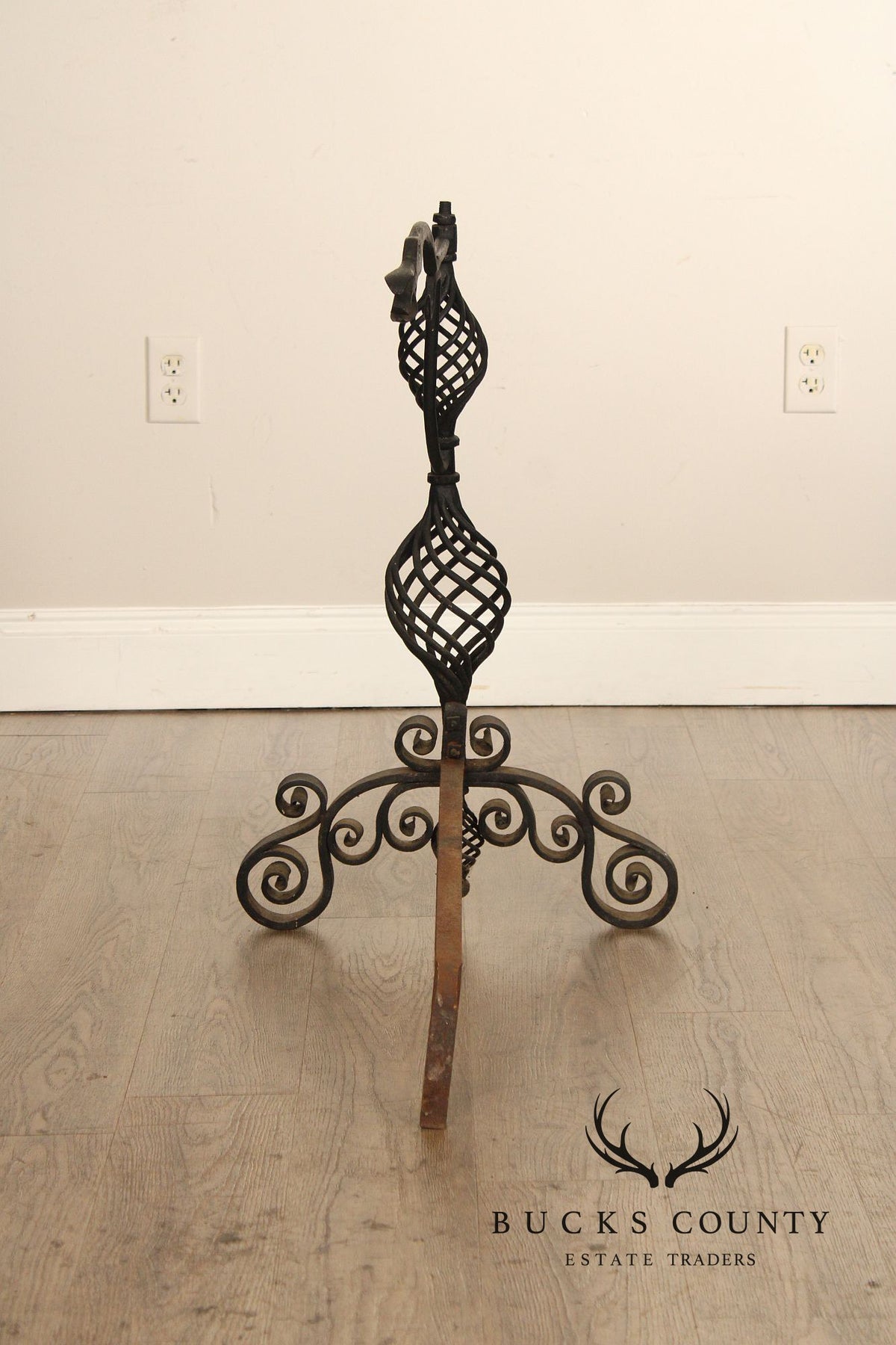 Arts & Crafts Pair of Scrolling Wrought Iron Andirons