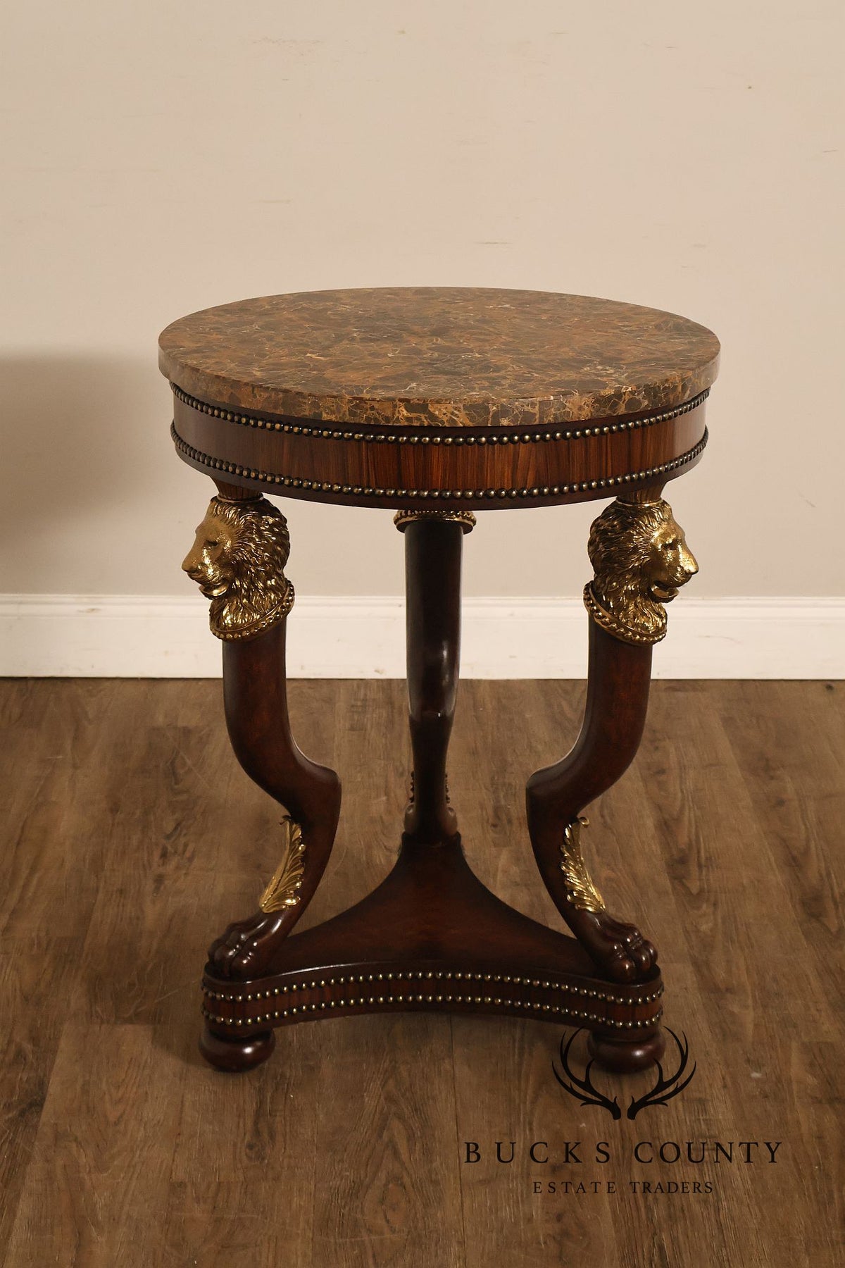 Maitland Smith Empire Style Round Marble Top Mahogany Lamp Table