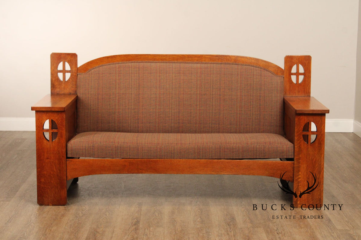 Antique Arts and Crafts Style Carved Oak Settle Sofa