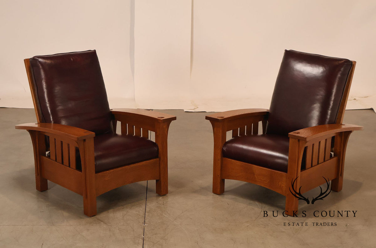 Stickley Mission Collection Pair Of Oak & Leather Bow Arm Morris Chairs