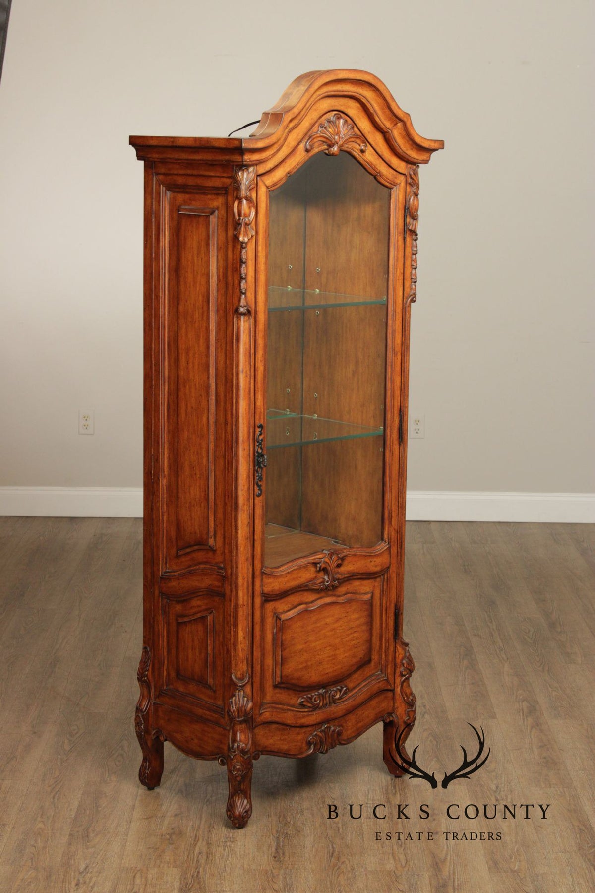 French Provincial Style Carved Wood Lighted Curio Display Cabinet
