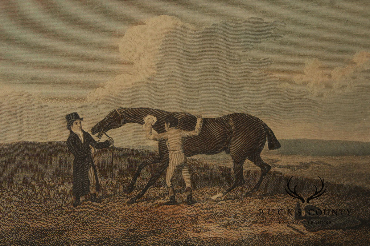 English Traditional Antique Framed Equestrian Print, 'Rubbing Down'