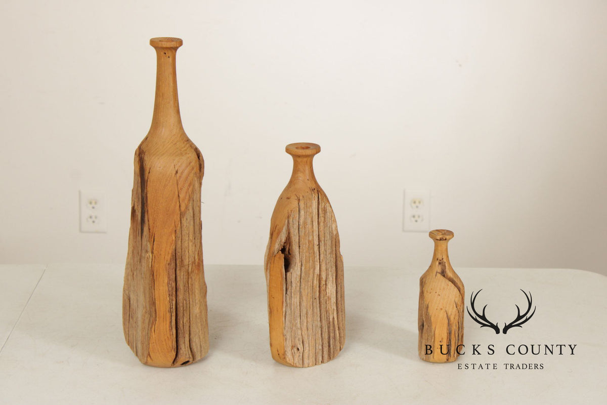 Vintage Set of Three Carved Wood Bottles