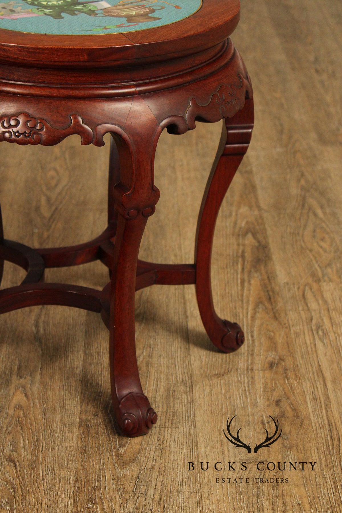 Pair of Chinese Style Cloisonné Inset Top Hardwood Accent Tables