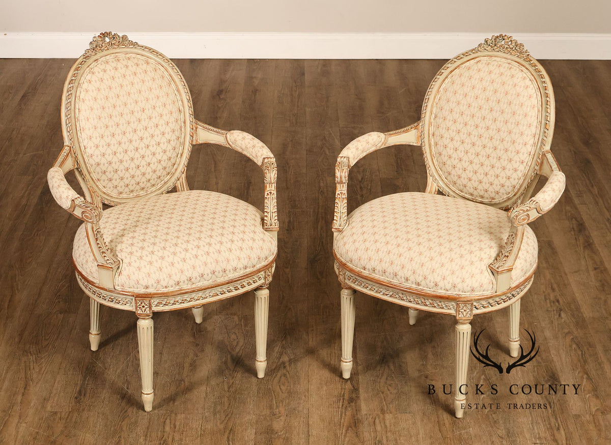 French Louis XVI Style Pair of Cream Painted Armchairs