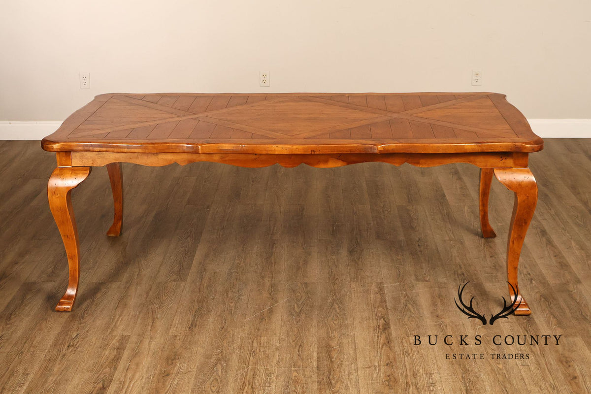 French Provincial Style Parquetry Top Dining Table with Scalloped Apron and Cabriole Legs