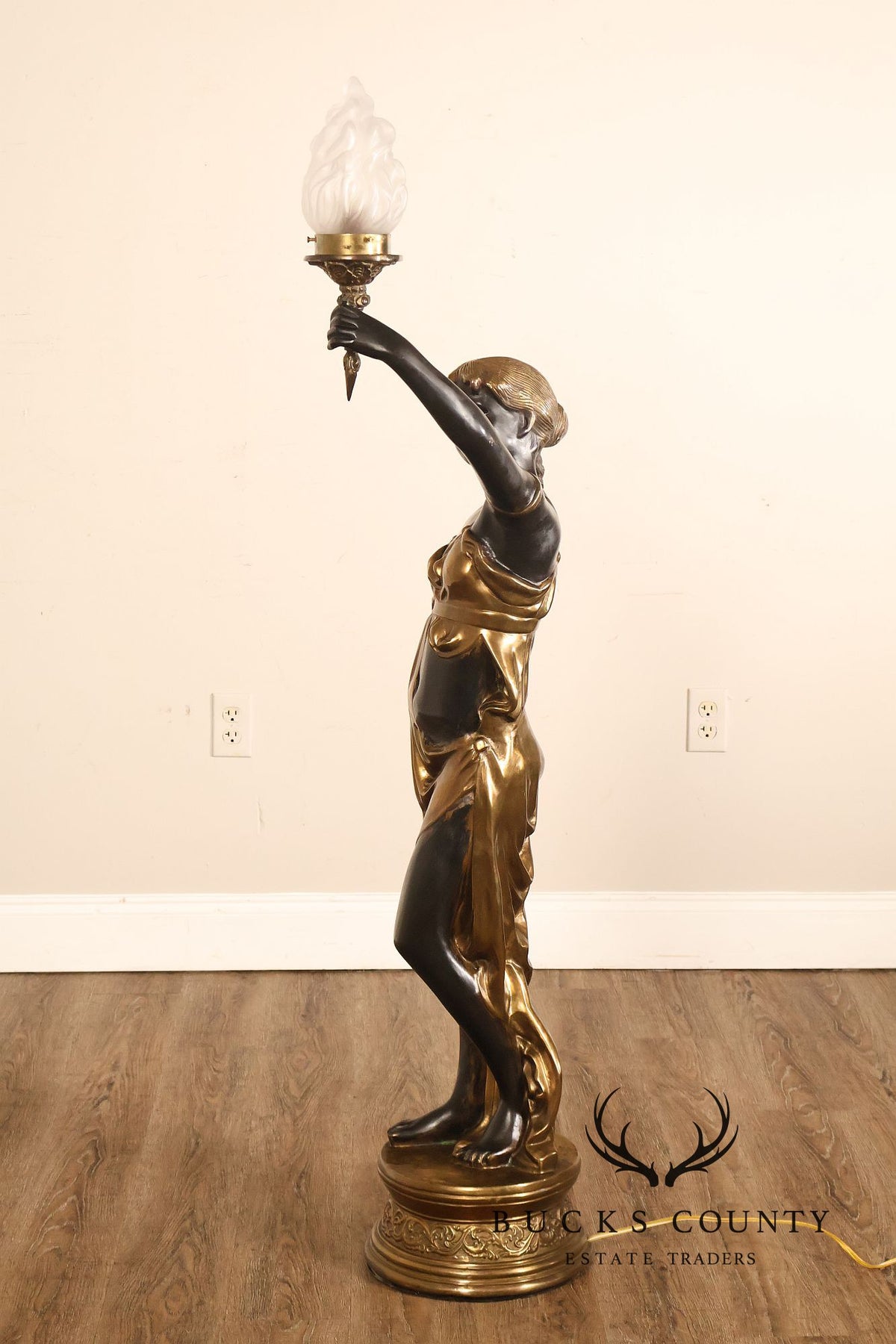 Neoclassical Style Pair Of Bronze Figural Torchere Floor Lamps