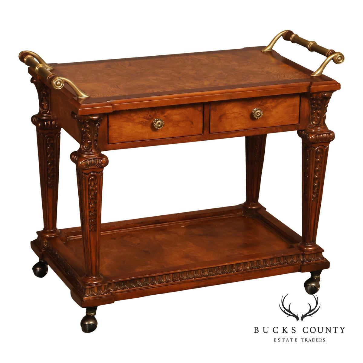 Carved Burl Wood Serving Bar Cart with Drawers and Brass Handles