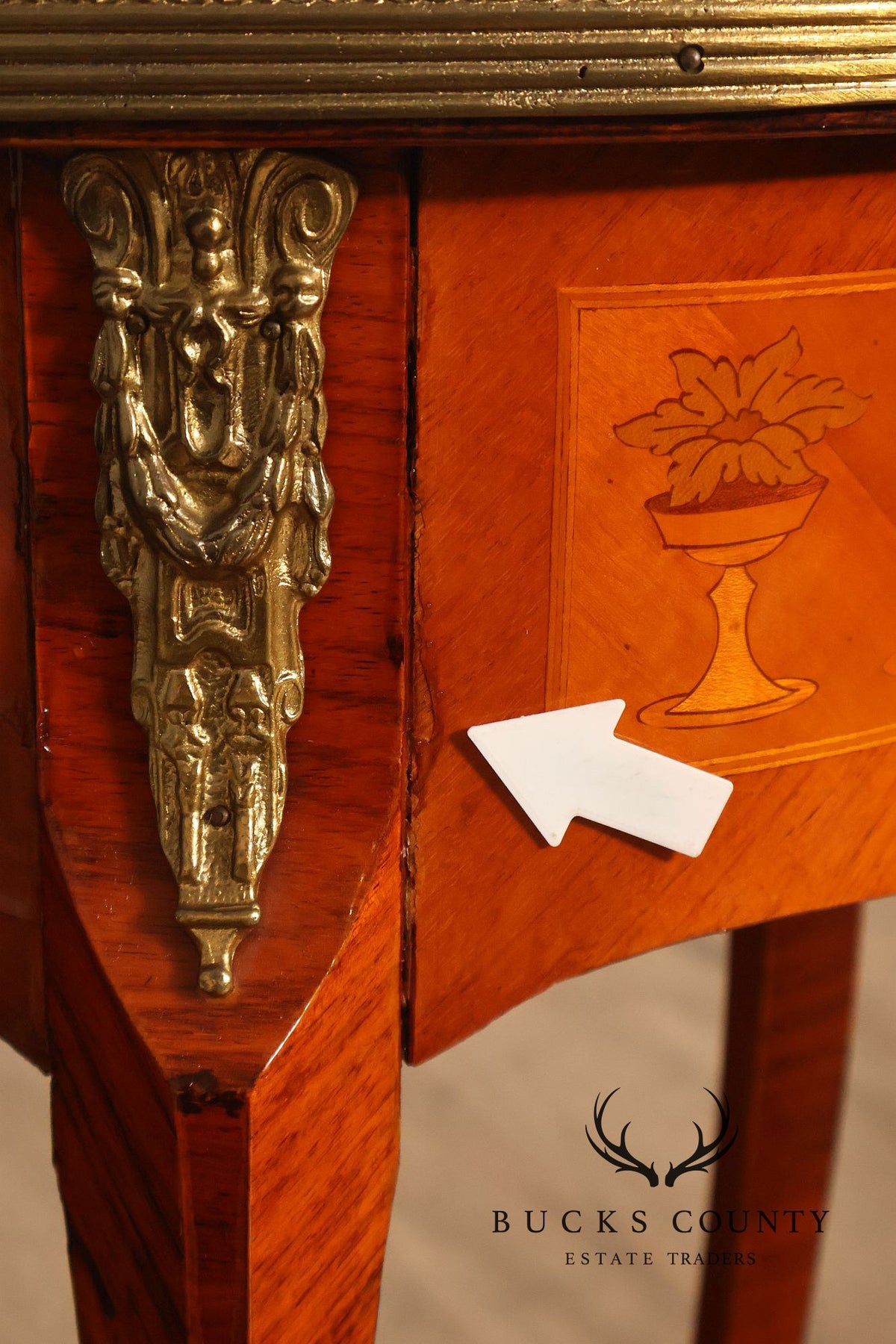 French Louis XVI Style Inlaid Oval Accent Table With Ormolu Mounts