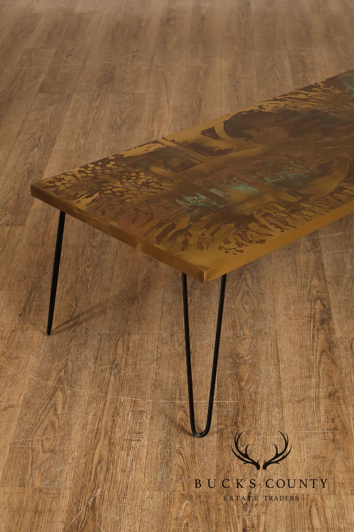 Mid Century Modern Acid Etched Brass Top Coffee Table With Hairpin Legs