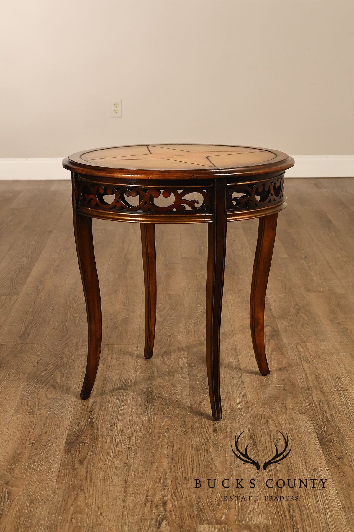 John Richard 'European Crossroads' Pair of Round Leather Top Lamp Tables