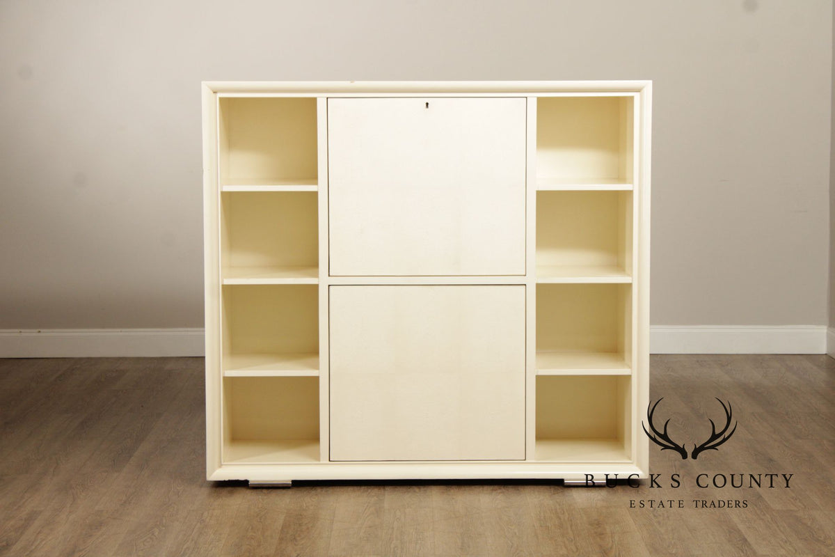 Modern White Lacquer Dry Bar Cabinet With Hidden Mahogany Interior And Rotating Shelves