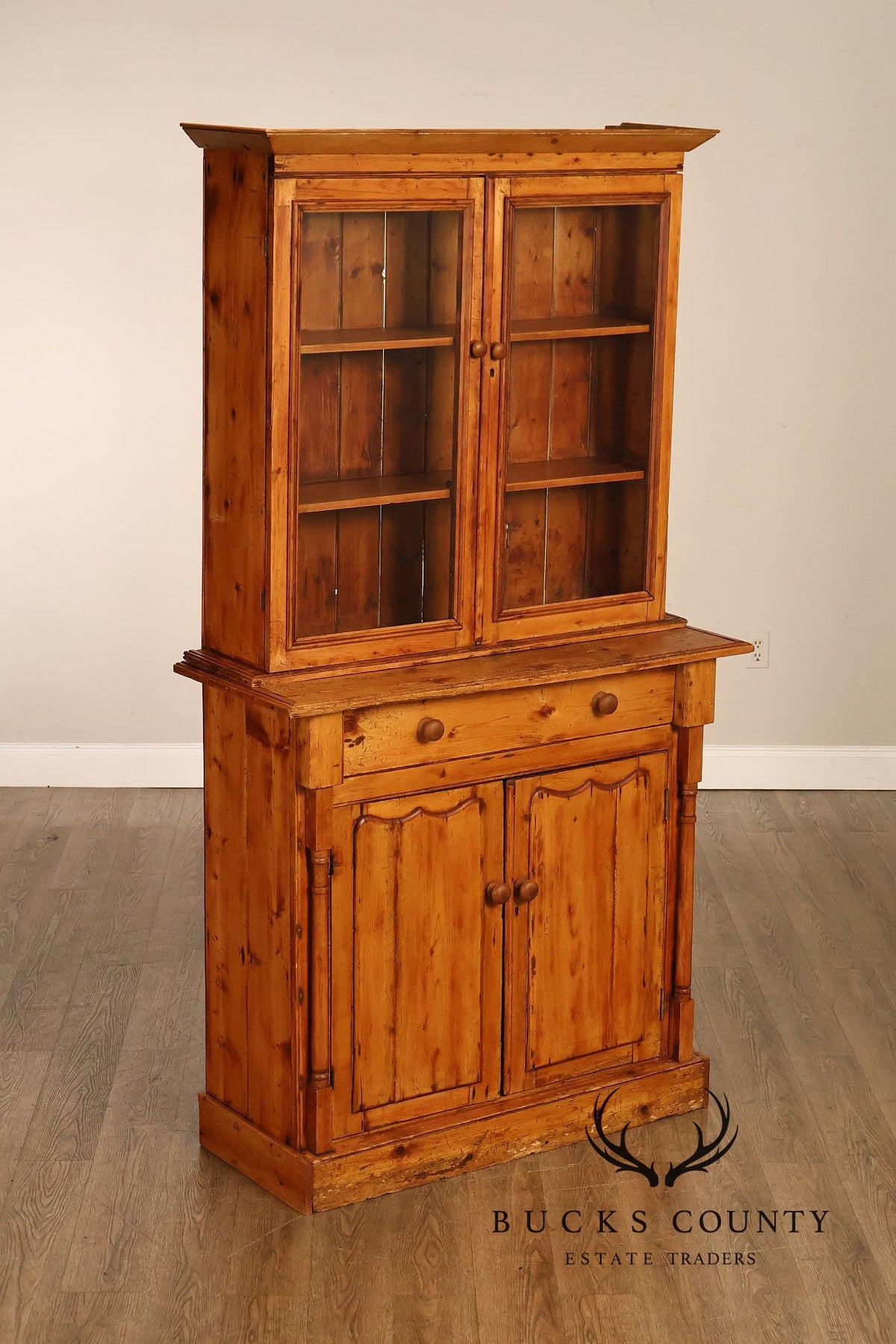 Antique Pitch Pine Four Door Stepback Cupboard With Glass Doors And Drawer