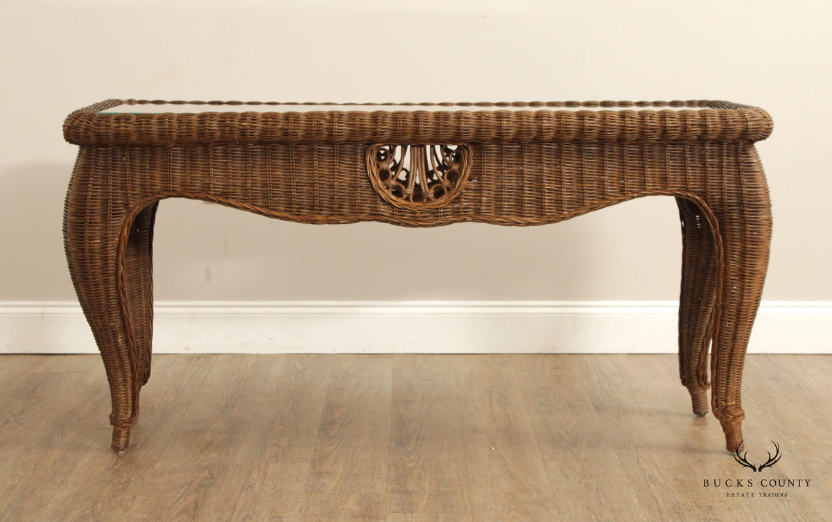 ETHAN ALLEN VICTORIAN STYLE VINTAGE WICKER CONSOLE TABLE