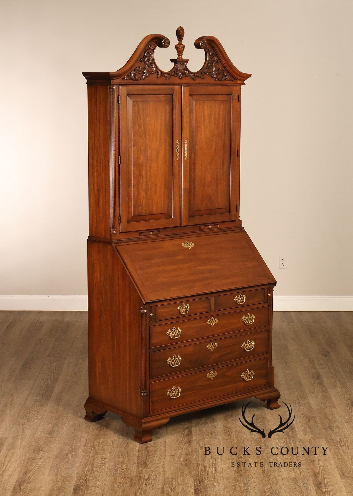 HENKEL HARRIS CHIPPENDALE STYLE TWO PART BLACK WALNUT BLIND DOOR SECRETARY DESK