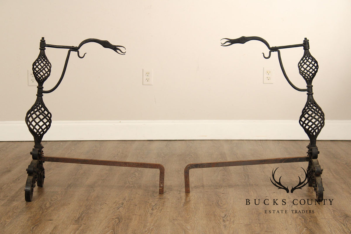Arts & Crafts Pair of Scrolling Wrought Iron Andirons