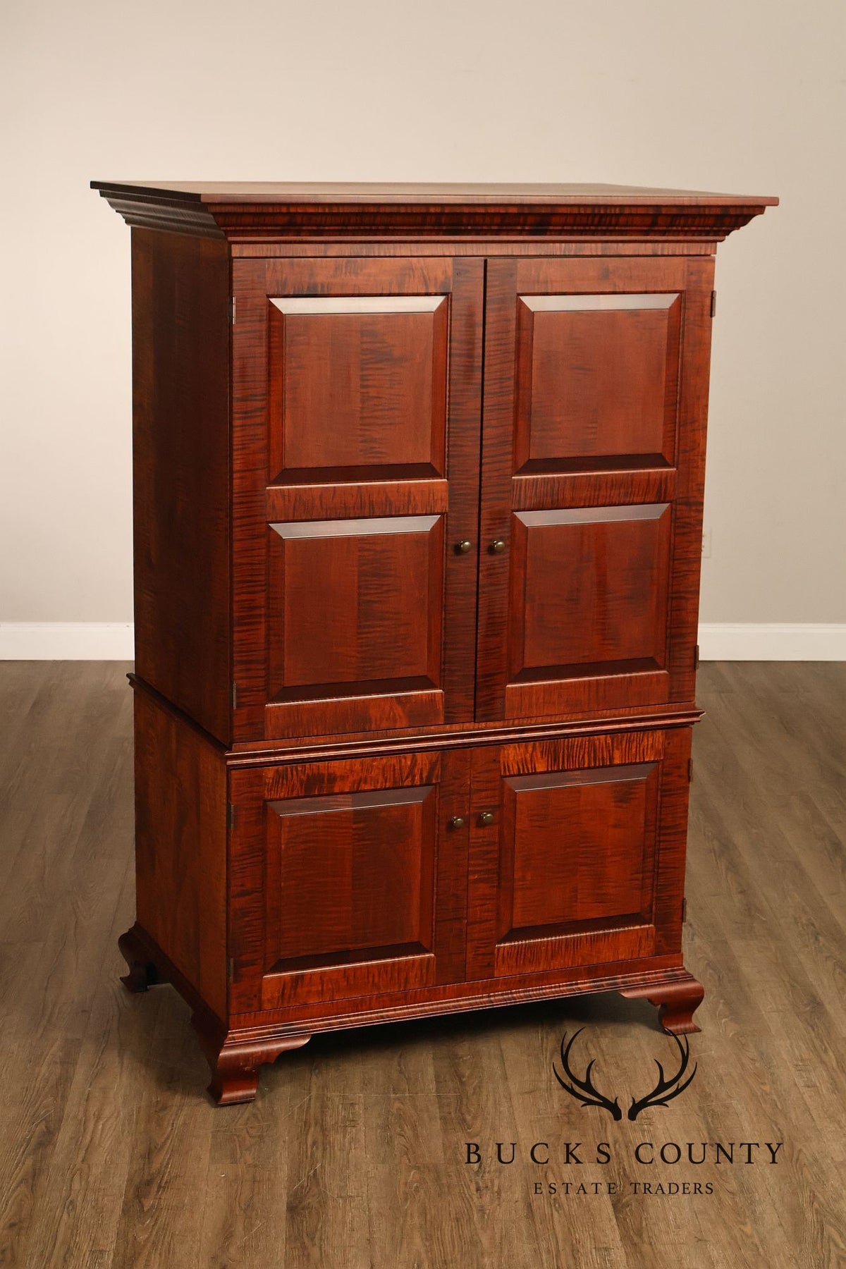 Custom Tiger Maple Two-Piece Four-Door Cabinet Armoire