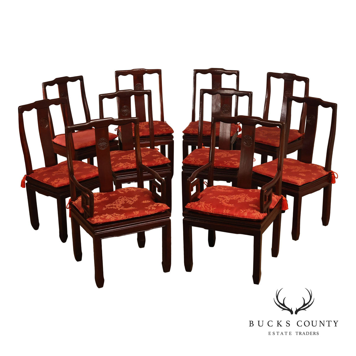 Asian Style Set Of Ten Rosewood Dining Chairs With Red Silk Cushions