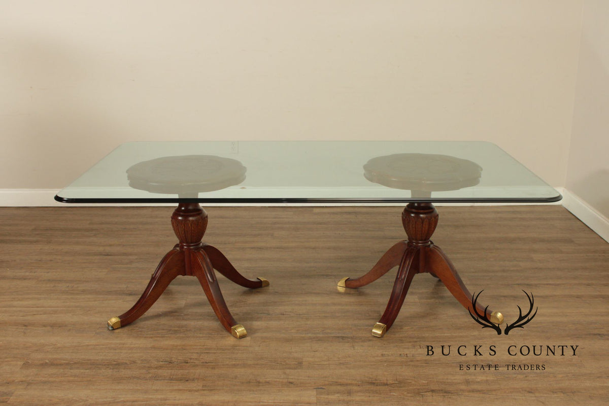 Georgian Style Mahogany Double Pedestal Glass Top Dining Table
