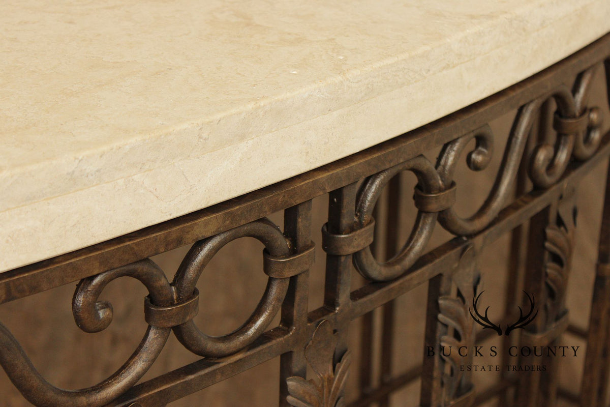 Wrought Iron Travertine Top Long Console Table
