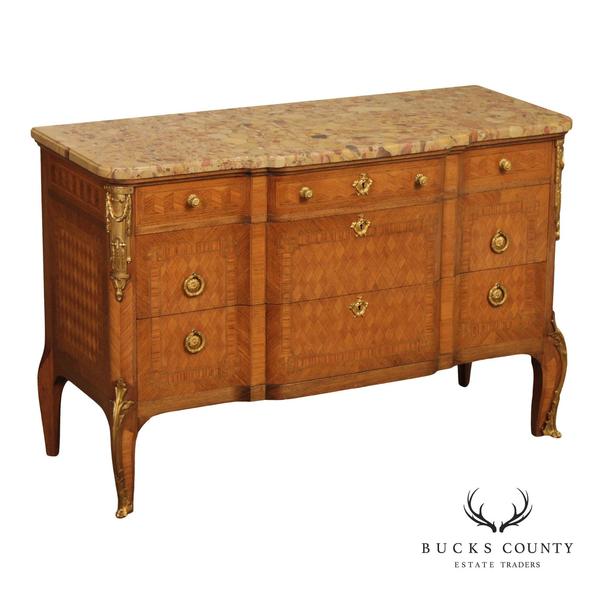 Antique French Louis XV Style Marquetry Marble Top Commode