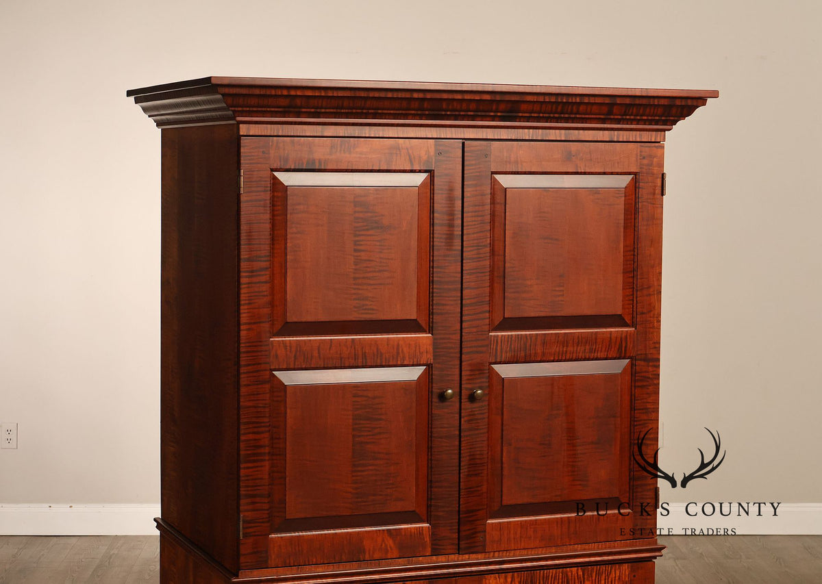 Custom Tiger Maple Two-Piece Four-Door Cabinet Armoire